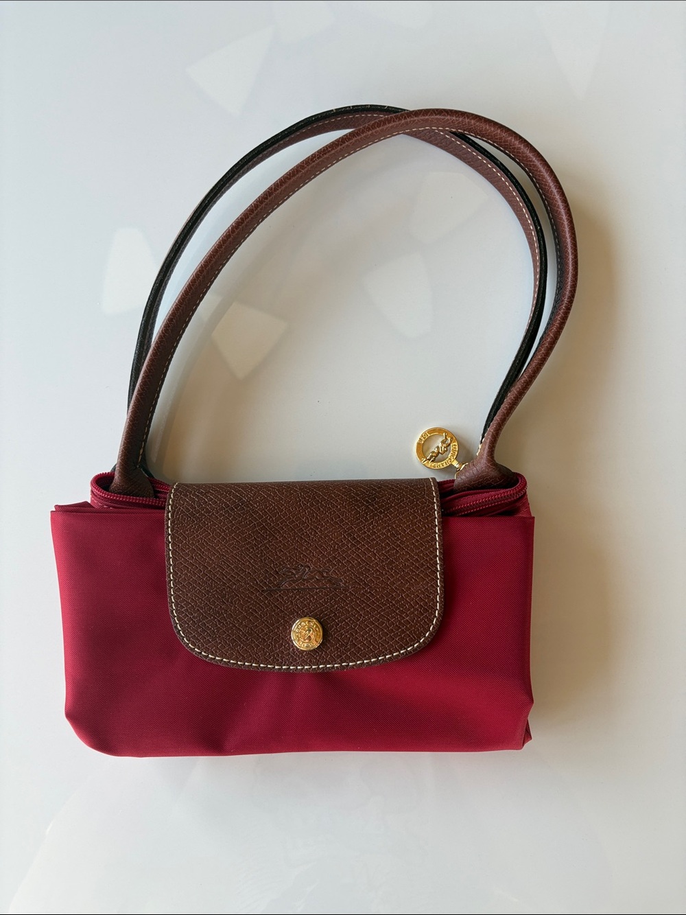 Brown & Red Longchamp Shoulder Bag with Gold Accent - Women Bags